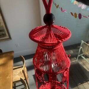 Large Retro-Inspired Macrame Hanging Holder - Red with Beads